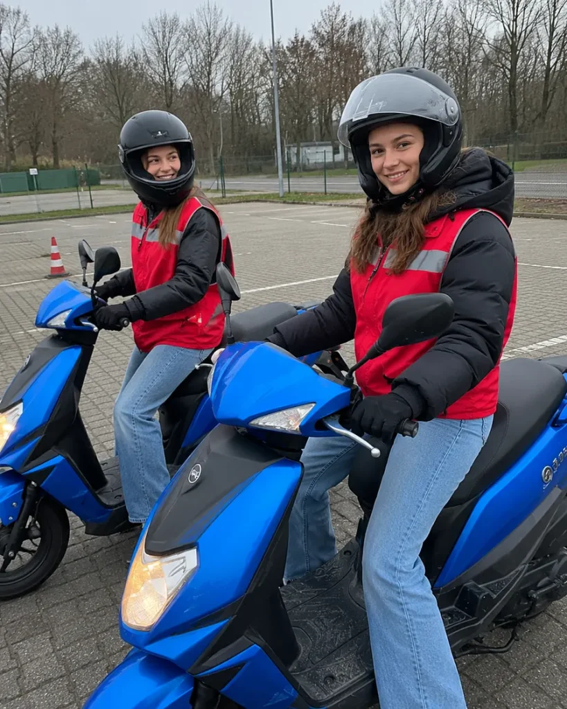 Geslaagde leerlingen steken hun duim op naast hun scooters