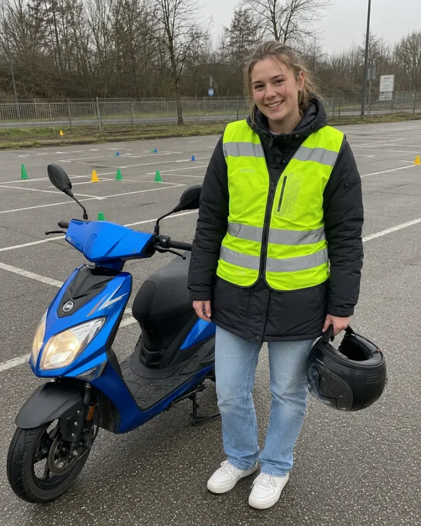 Instructeur legt de bediening van de scooter uit aan een leerling