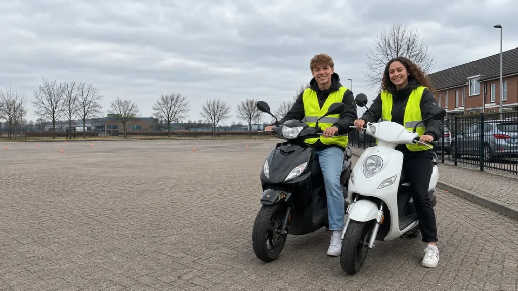 Leerling rijdt op een witte lesscooter