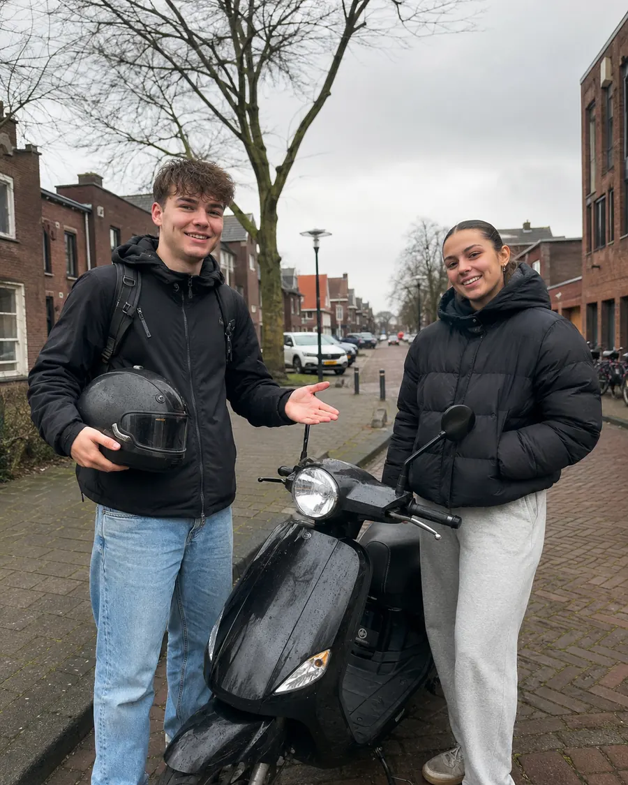 Twee geslaagde leerlingen steken hun duim op naast hun scooters
