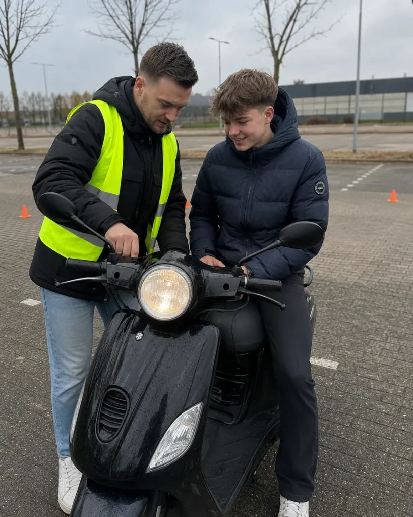 Twee leerlingen bij hun scooter in een woonstraat