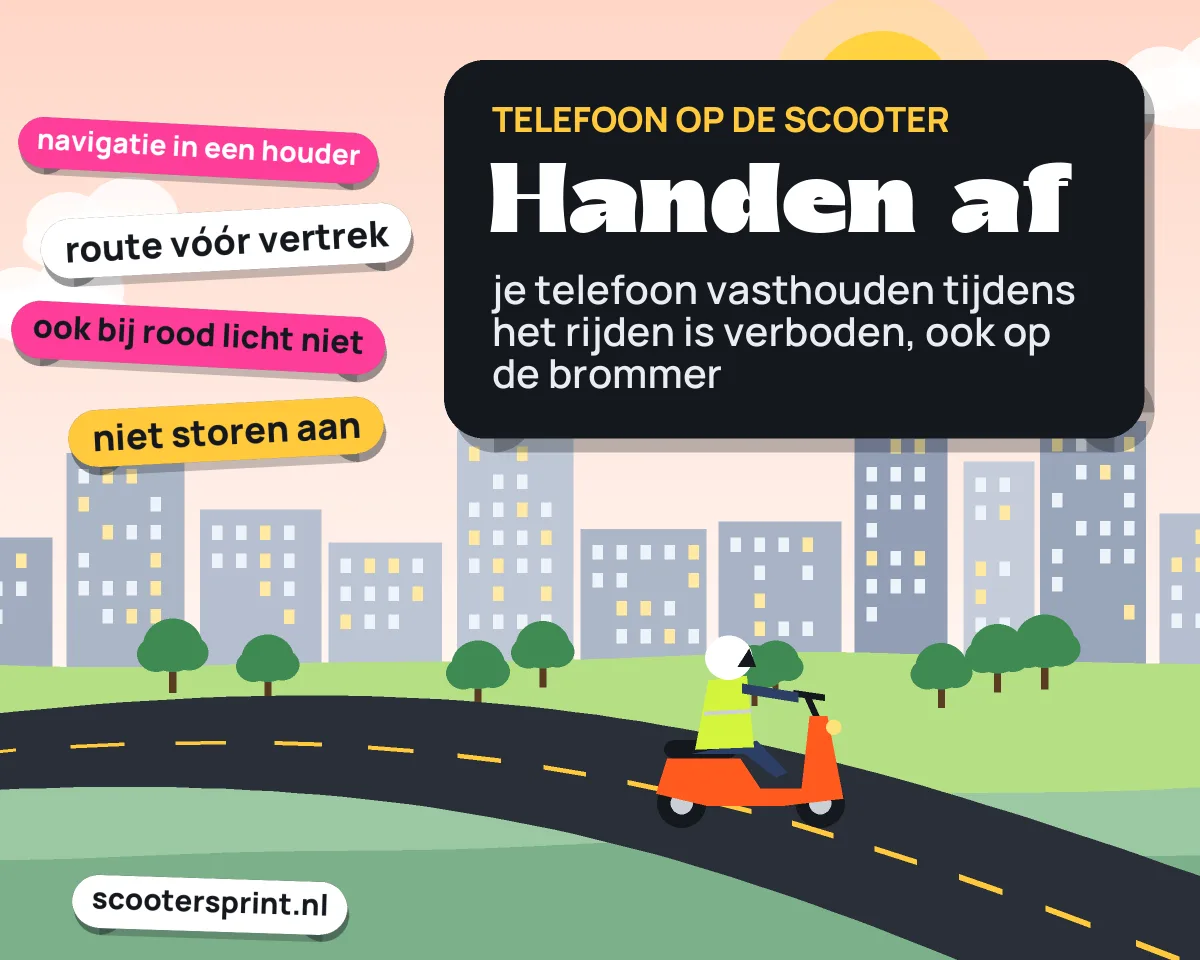 Infographic: je telefoon vasthouden tijdens het rijden is verboden op de brommer, navigeer met een houder