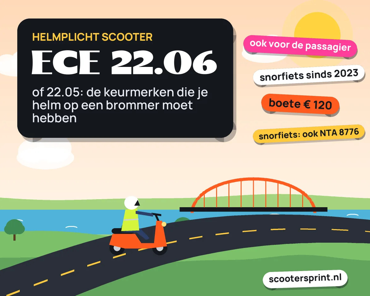 Infographic: helmplicht op brommer en snorfiets, helm met keurmerk ECE 22.05 of 22.06, boete € 120