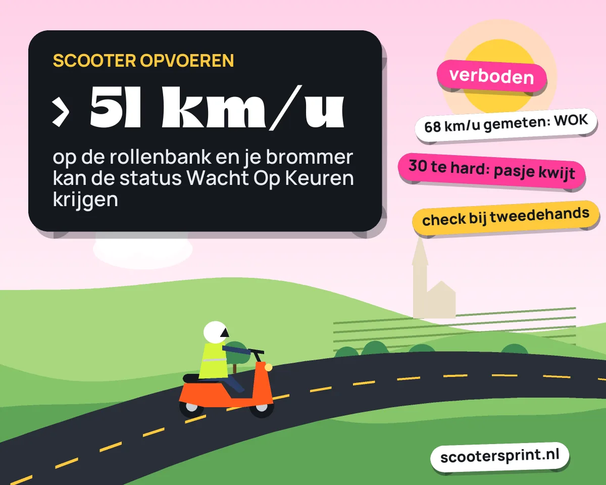 Infographic: een opgevoerde brommer kan bij meer dan 51 km/u op de rollenbank de status Wacht Op Keuren krijgen