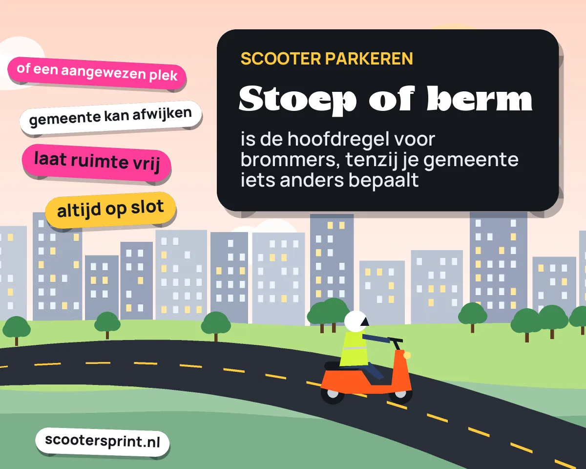 Infographic: brommers parkeer je volgens de hoofdregel op het trottoir, het voetpad of in de berm, tenzij de gemeente iets anders bepaalt