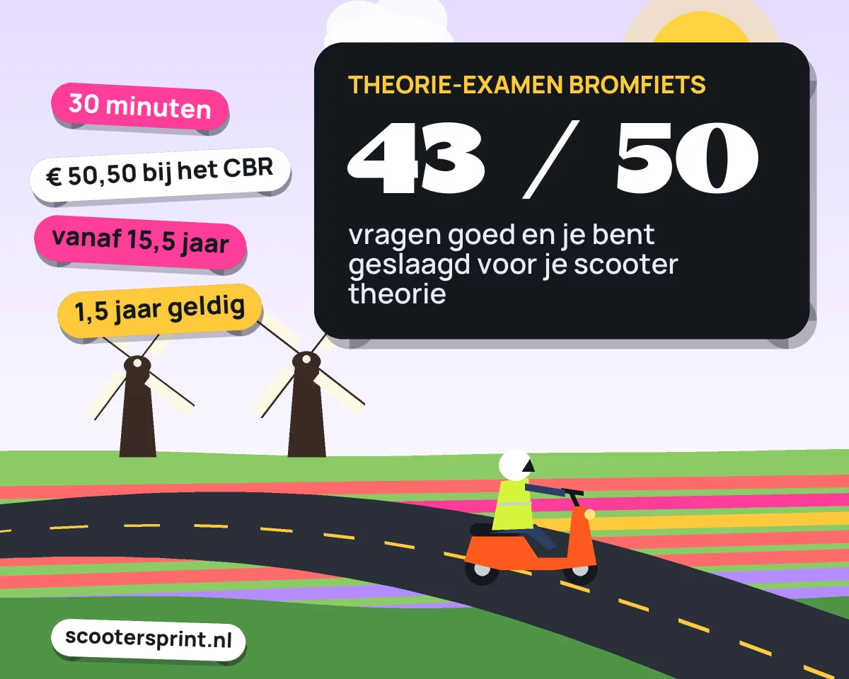 Infographic: voor de scooter theorie heb je 43 van de 50 vragen goed nodig, het examen duurt 30 minuten en kost € 50,50 bij het CBR