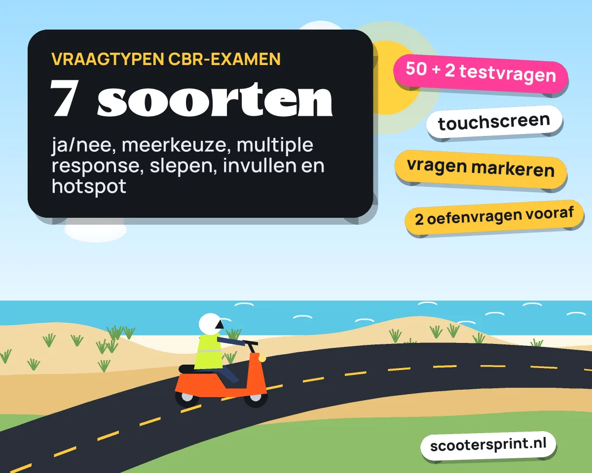 Infographic: het scooter theorie-examen kent zeven vraagtypen, van ja/nee tot hotspotvragen, op een touchscreen