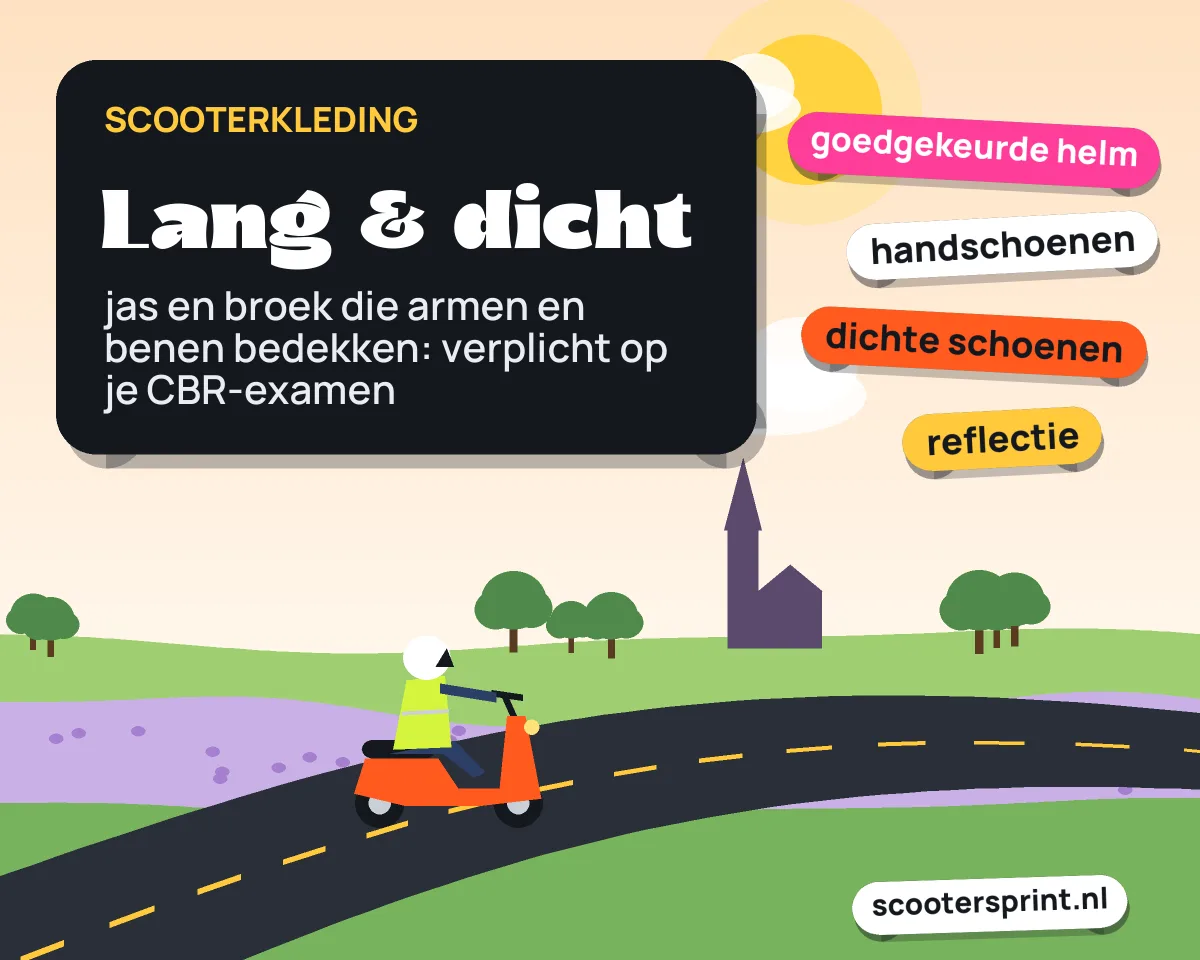 Infographic: op je scooterexamen zijn een goedgekeurde helm en een jas en broek die armen en benen bedekken verplicht