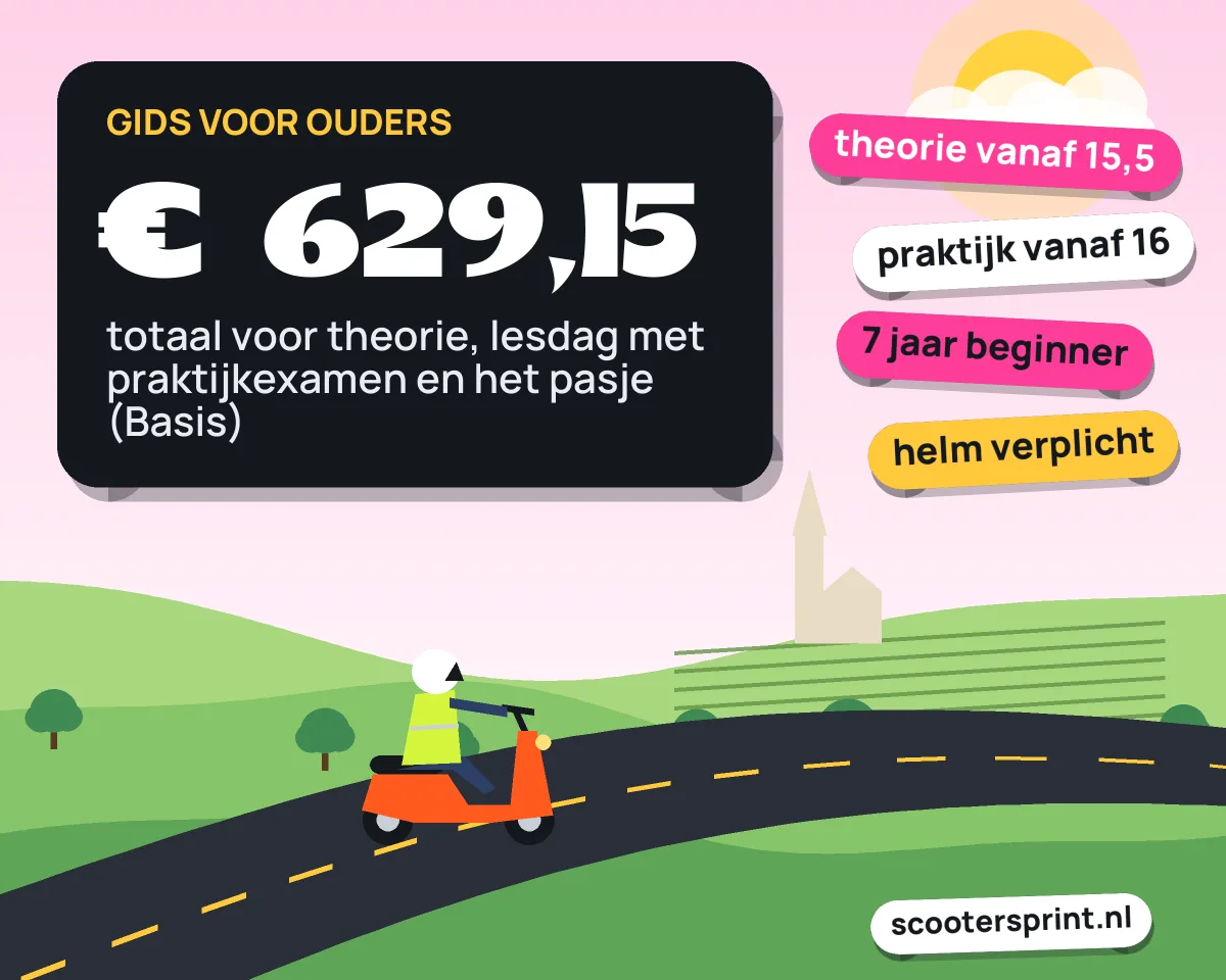 Infographic voor ouders: theorie vanaf 15,5, praktijk vanaf 16 en totaal € 629,15 met het Basispakket