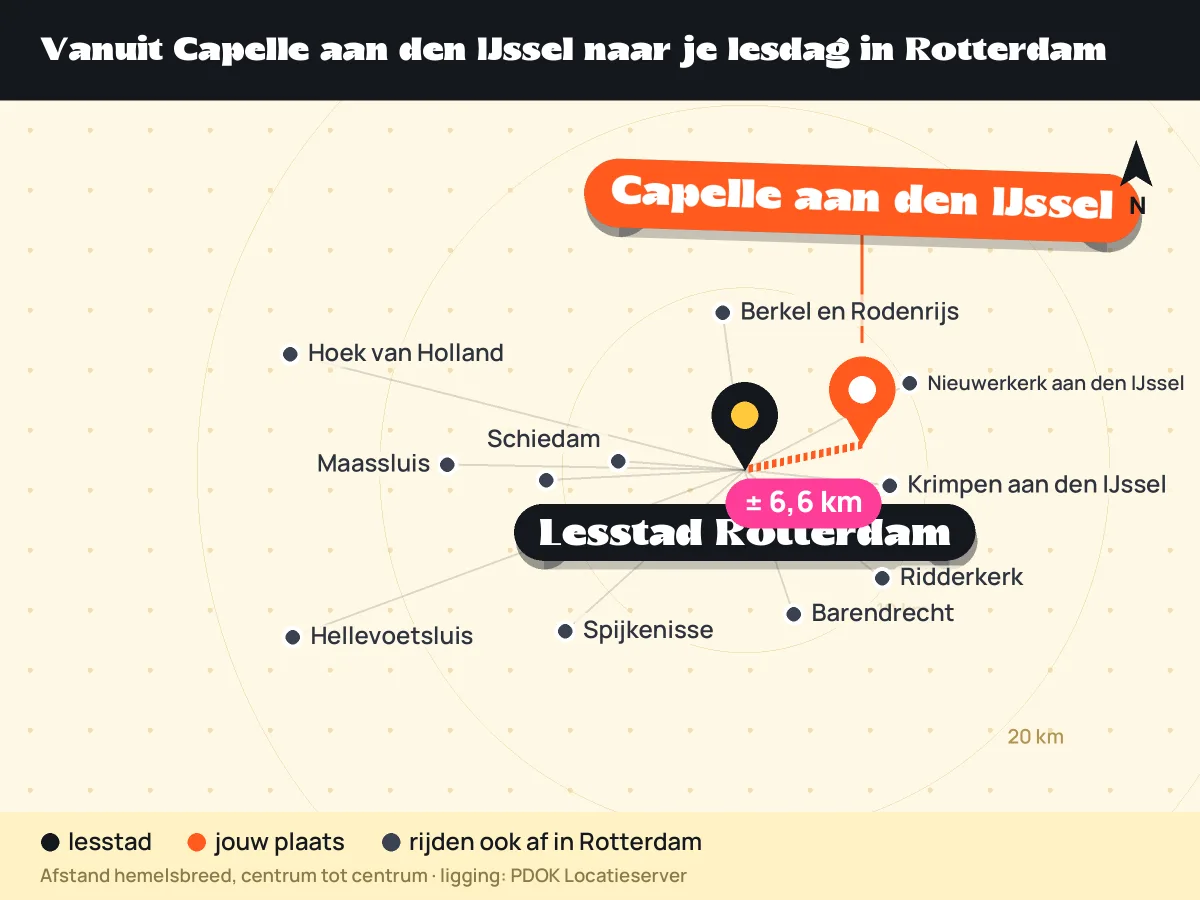 Kaart: ligging van Capelle aan den IJssel ten opzichte van lesstad Rotterdam en andere plaatsen die in Rotterdam afrijden