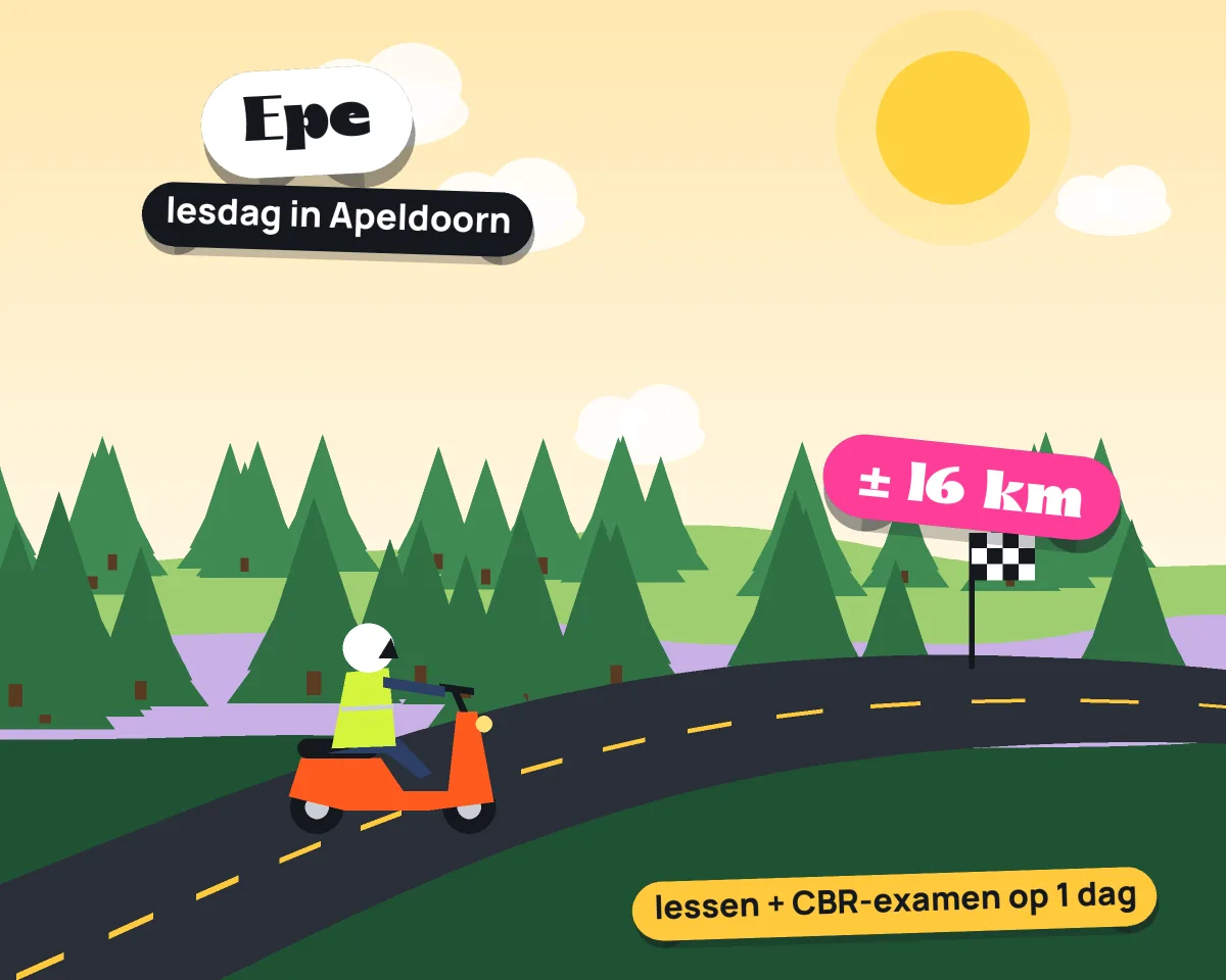 Illustratie: met de scooter van Epe naar je lesdag in Apeldoorn, ± 16 km hemelsbreed