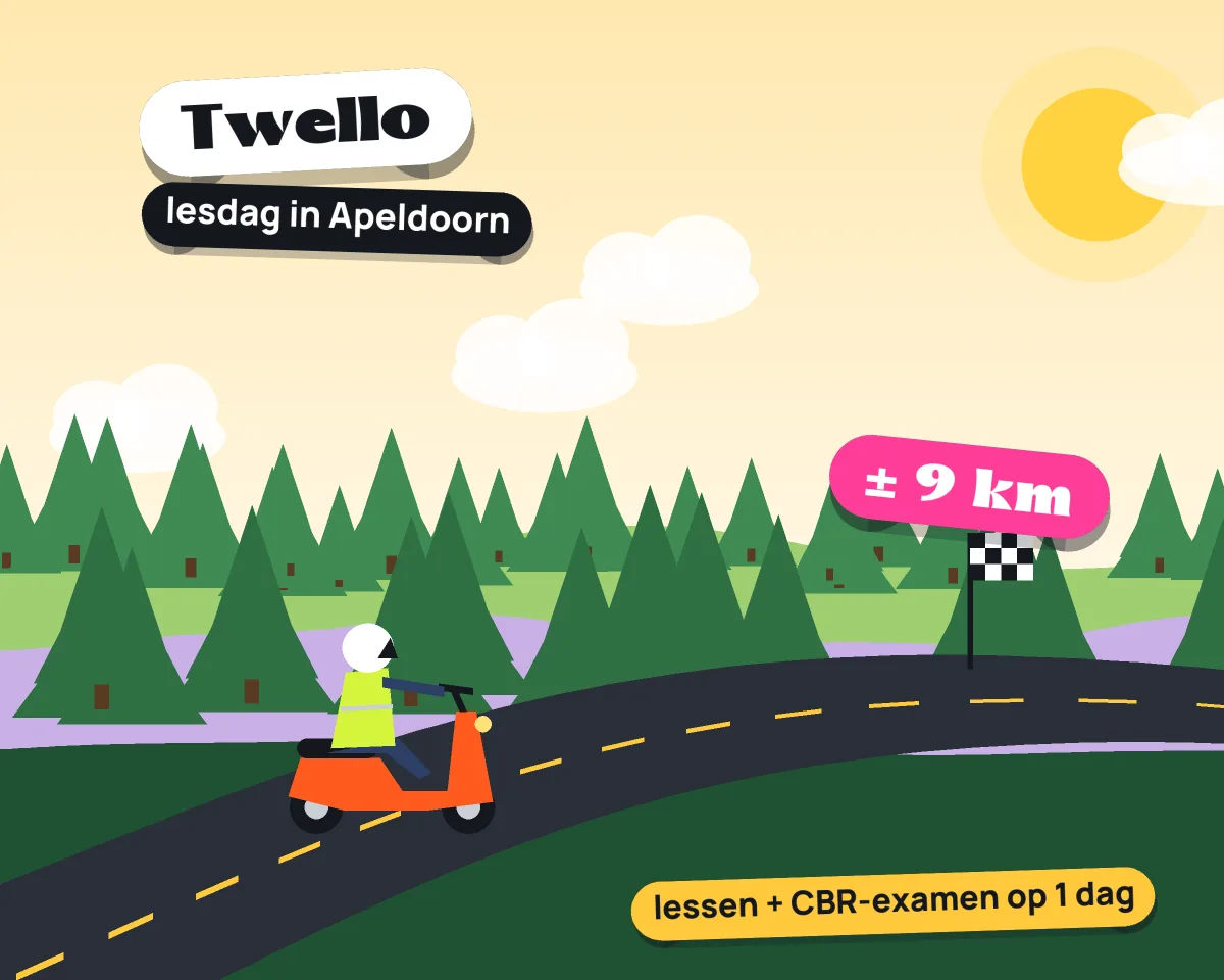 Illustratie: met de scooter van Twello naar je lesdag in Apeldoorn, ± 9 km hemelsbreed
